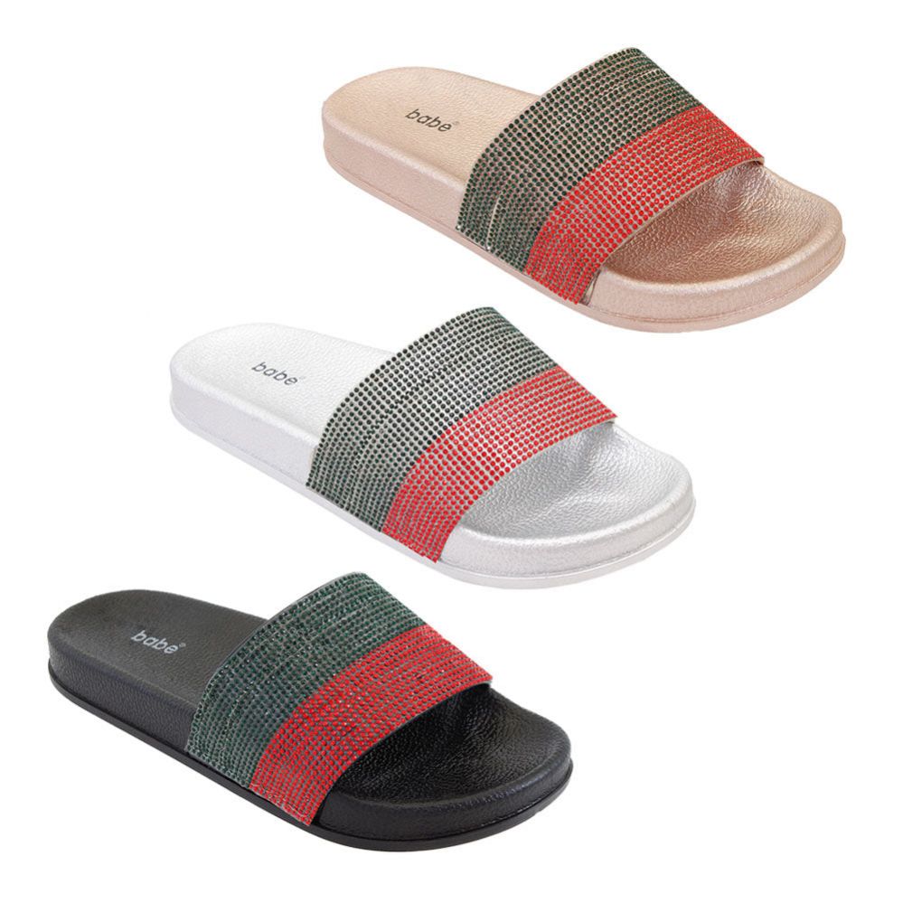 Wholesale Footwear Women's Tri Color Rhinestone Slide AssorteD-1