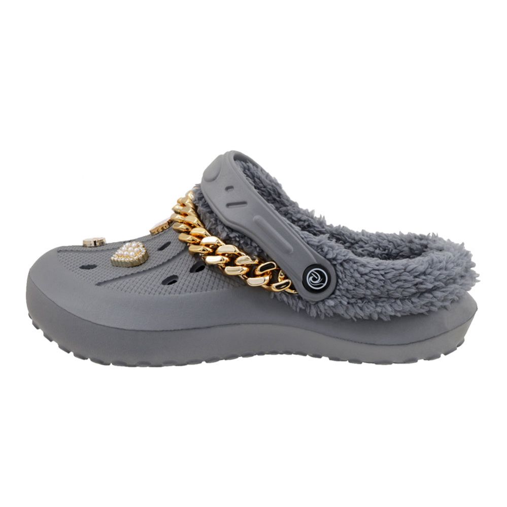 Wholesale Footwear Women's Rhinestone Fur Lined Clog Gray