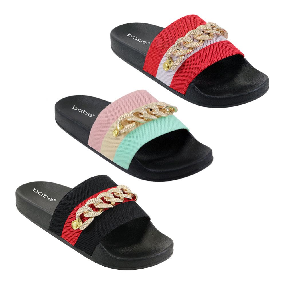 Wholesale Footwear Women's Stripe Chain Slide Assorted