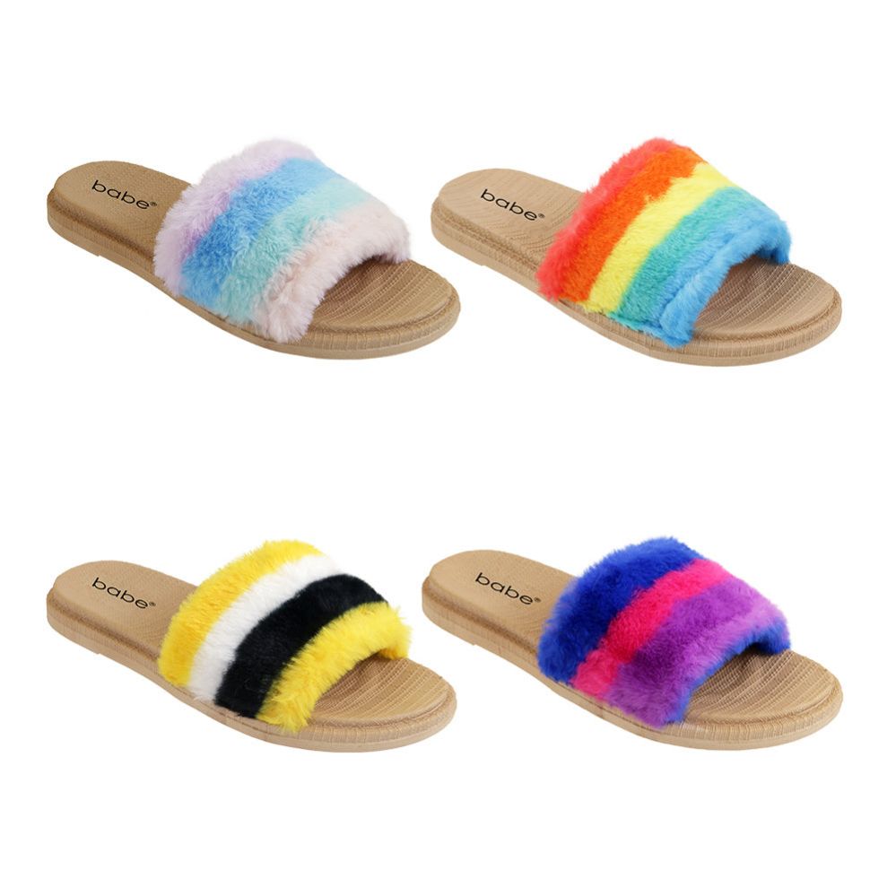 Wholesale Footwear Women's Stripe Fur Slide Assorted