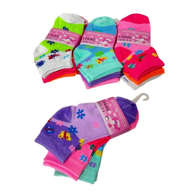 Wholesale Footwear 3pr Girl's Printed Ankle Socks 2-4 [butterfly & Daisies]