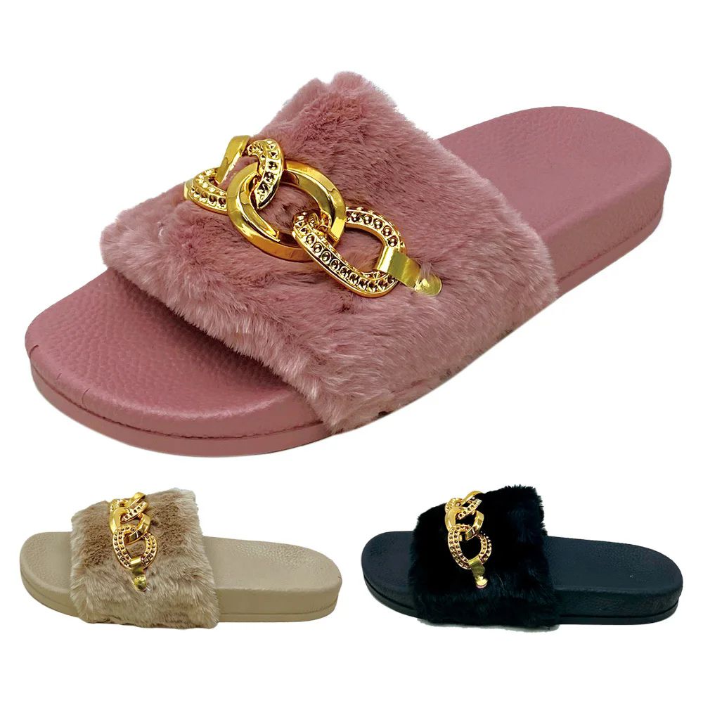 Wholesale Footwear Ladies Fuzzy Gold Link Slipper