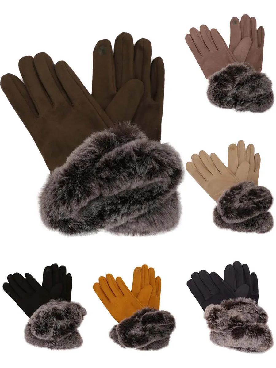 Wholesale Footwear Women's Suede Winter Gloves W/ Fur Cuff