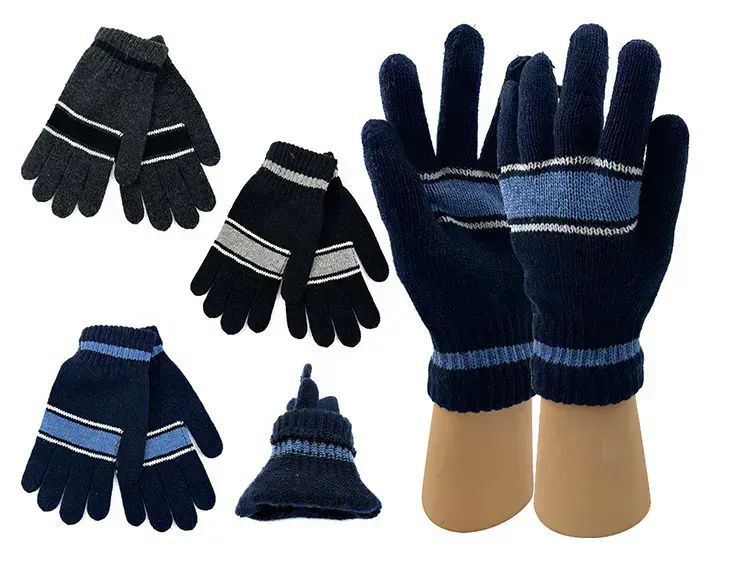 Wholesale Footwear Mens Striped Winter Gloves Assorted Color