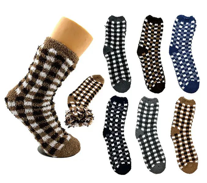 Wholesale Footwear Mens Checkered Fuzzy Socks