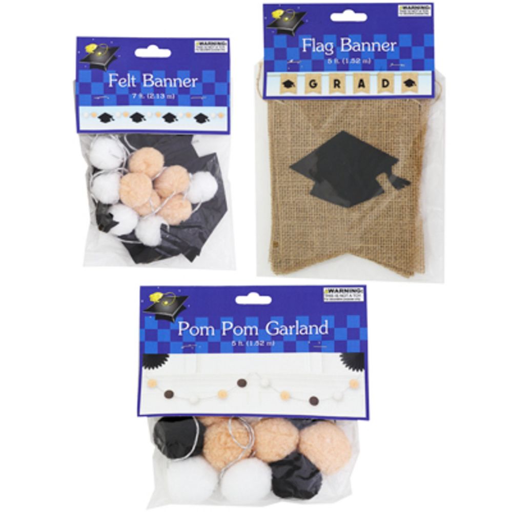 Wholesale Footwear Graduation Banner 3ast 5ft Pompom/5ft Burlap/7ft Felt W/poms Pbh