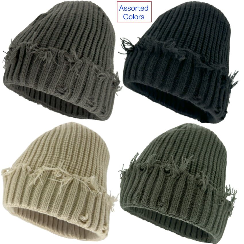 Wholesale Footwear Y2k Knitted Beanies with Vintage Ripped Design - Assorted Colors