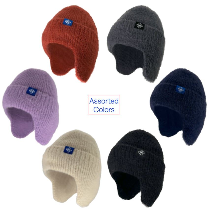 Wholesale Footwear Knit Beanies with Ear flaps - Snowflake Logo and Assorted Colors