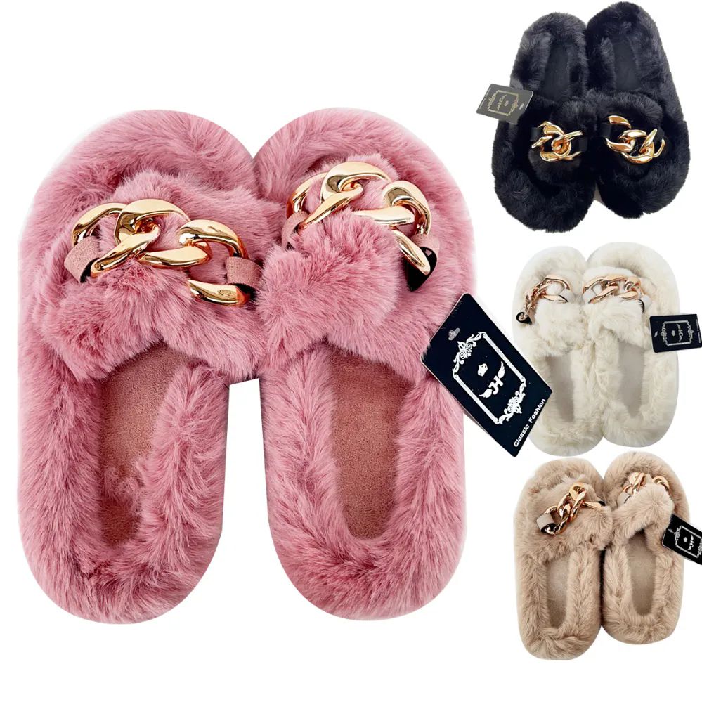 Wholesale Footwear Comfort Sliper Golden Chain & Fur Mix Color