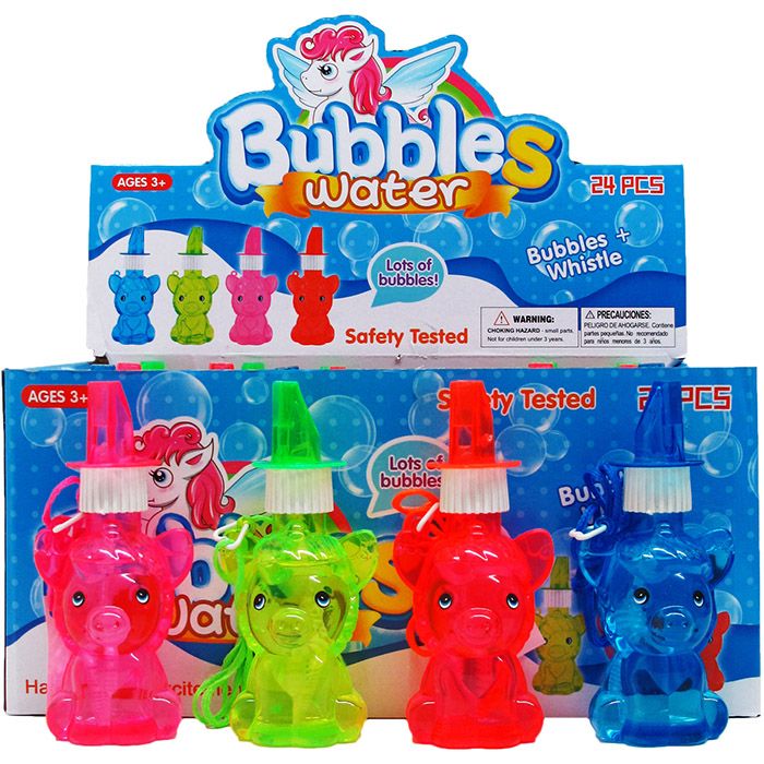 Wholesale Footwear 5.5" Pony Bubble Bottle W/ Whistle In 24pc Display Box
