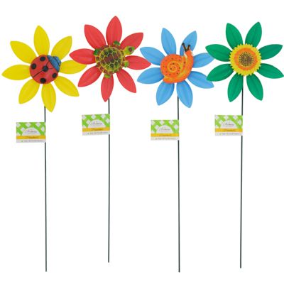 Wholesale Footwear Lawn Pinwheels Plastic Flowers W/insect Center 4 Asst 6.3in Dia 18.5in Dia K/d Upc Lab