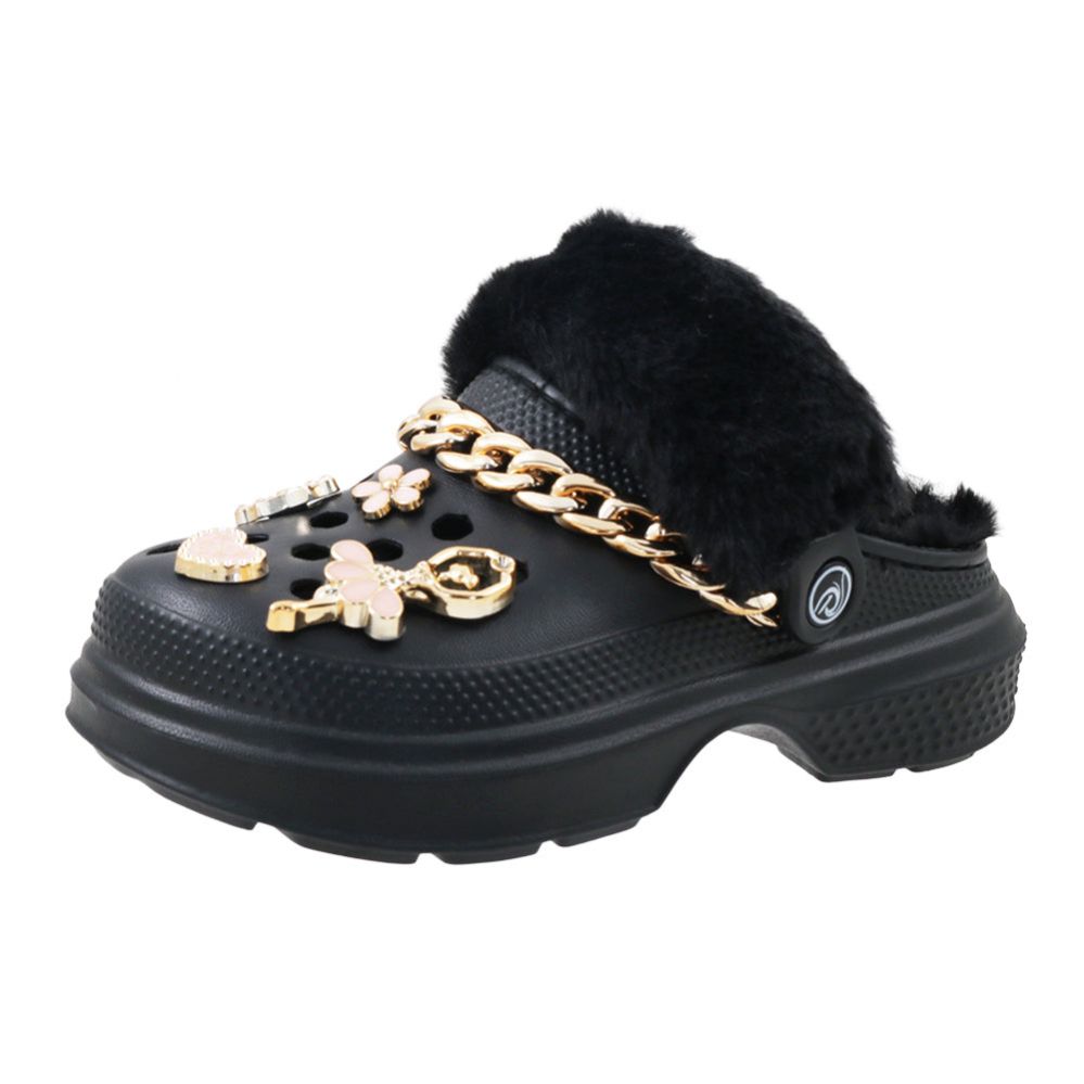 Wholesale Footwear Big Girl's Fleece Lined Charm Clog Black