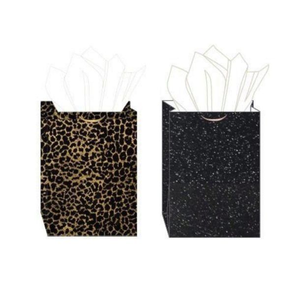 Wholesale Footwear Rachel Zoe 10 inch X 5 inch X 12 inch Gift Bags And Tissue Paper Set Of 2 In Gold Leopard Print And Black Glitter