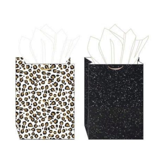 Wholesale Footwear Rachel Zoe 10 inch X 5 inch X 12 inch Gift Bags And Tissue Paper Set Of 2 In White Leopard Print And Black Glitter