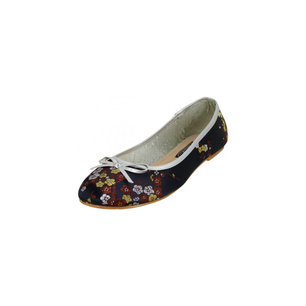 Wholesale Footwear Women's Satin Brocade Floral Printed Ballet Shoes( Black Color Only)