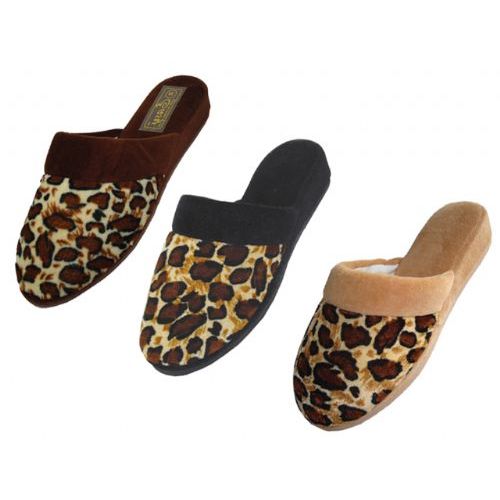 Wholesale Footwear Ladies' Velour Leopard Print Slippers