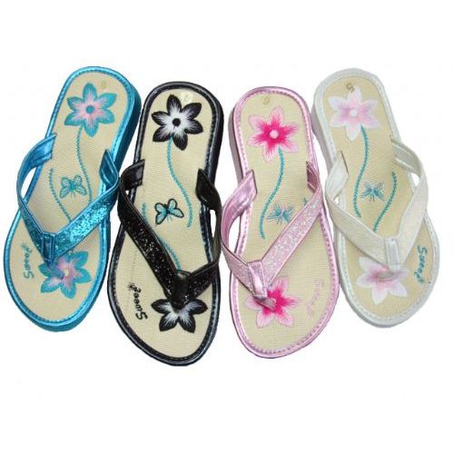 Wholesale Footwear Ladies' Flower Emb. Thong W/ Sequin