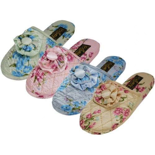 Wholesale Footwear Ladies' Satin Floral Slippers Colors: Blue, Pink, Green