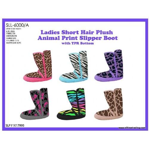 Wholesale Footwear Ladies Short Hair Plush Animal Print Slipper Boot With Tpr Bottom