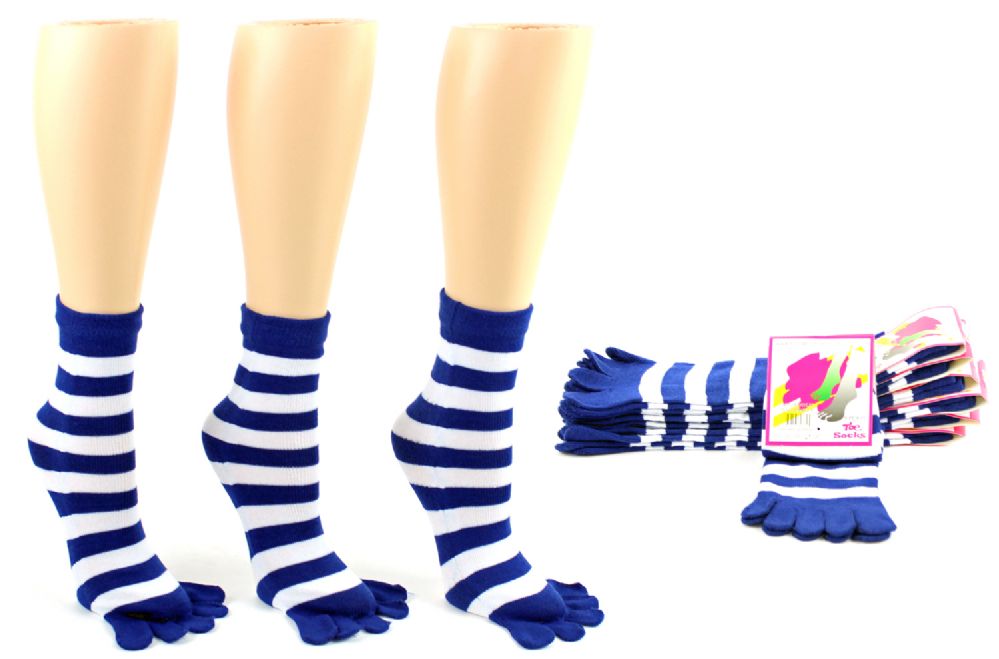 Wholesale Footwear Women's Toe Socks - Blue & White Striped Print - Size 9-11