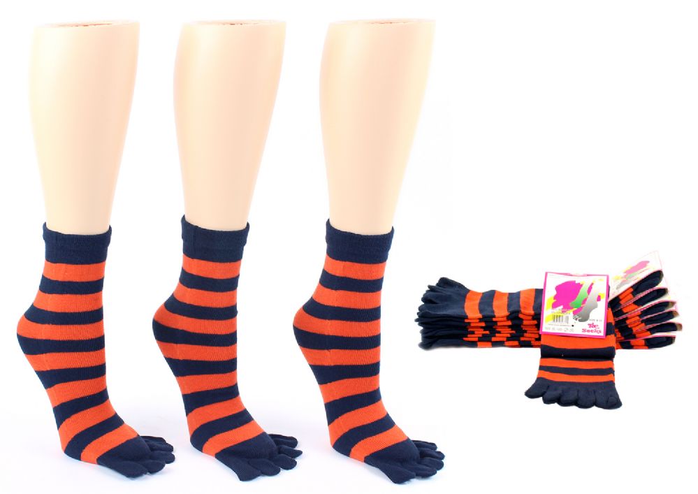 Wholesale Footwear Women's Toe Socks - Blue & Orange Striped Print - Size 9-11