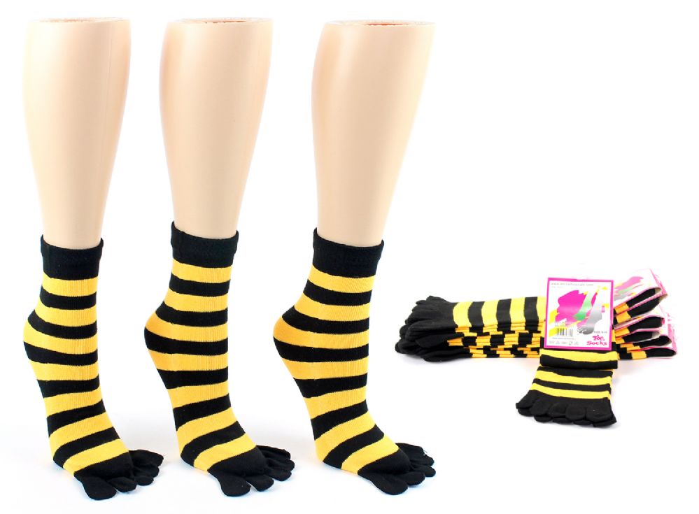 Wholesale Footwear Women's Toe Socks - Black & Gold Striped Print - Size 9-11