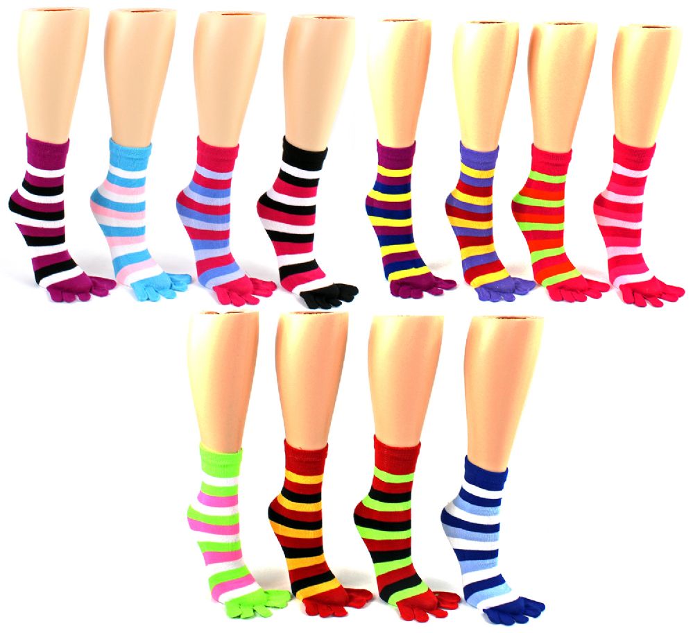 Wholesale Footwear Women's Toe Socks - Striped Print - Size 9-11