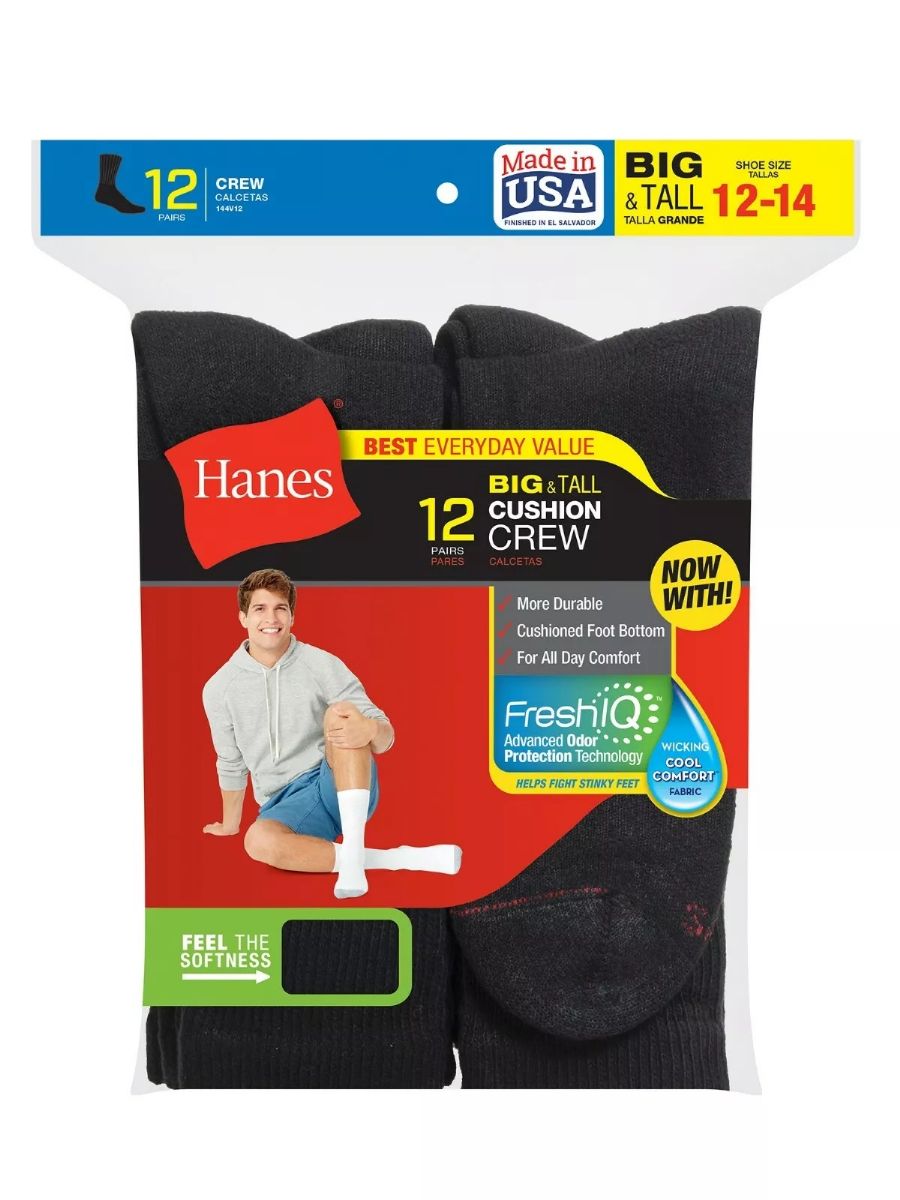 Wholesale Footwear Hanes Big And Tall King Size Mens Black Crew Socks Shoe Size 12-14
