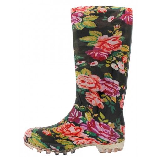 Wholesale Footwear Women's 13.5 Inches Rubber Rain Boots In Red Flower Print Sizes 6-11