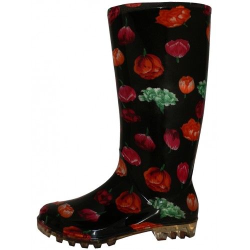Wholesale Footwear Women's 13.5 Inches Rubber Rain Boots In Red Tulip Print Sizes 6-11