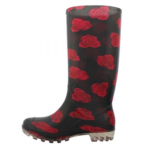 Wholesale Footwear Women's 13.5 Inches Rubber Rain Boots In Black With Red Flower Print Sizes 6-11