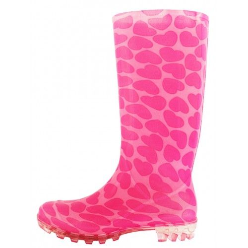 Wholesale Footwear Women's 13.5 Inches Rubber Rain Boots In Black With Pink Heart Print Sizes 6-11