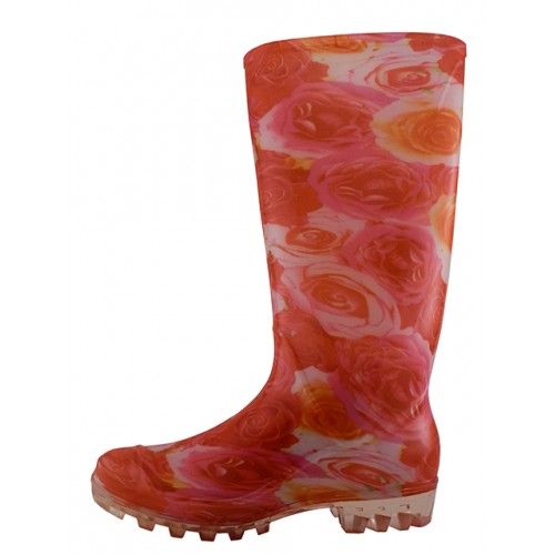 Wholesale Footwear Women's 13.5 Inches Water Proof Rubber Rain Boots In Pink And White Print Sizes 6-11