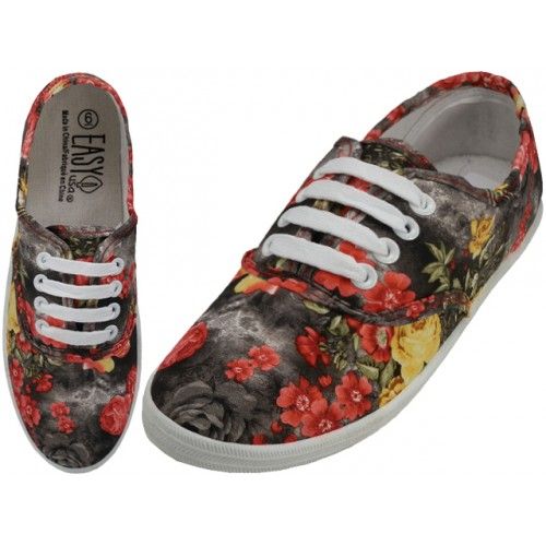 Wholesale Footwear Women's Canvas Lace Up Shoes In Black Rose Print Sizes 6-11