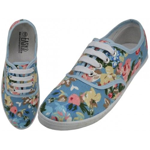 Wholesale Footwear Women's Canvas Lace Up Shoes In Sky Blue Floral Print Sizes 6-11