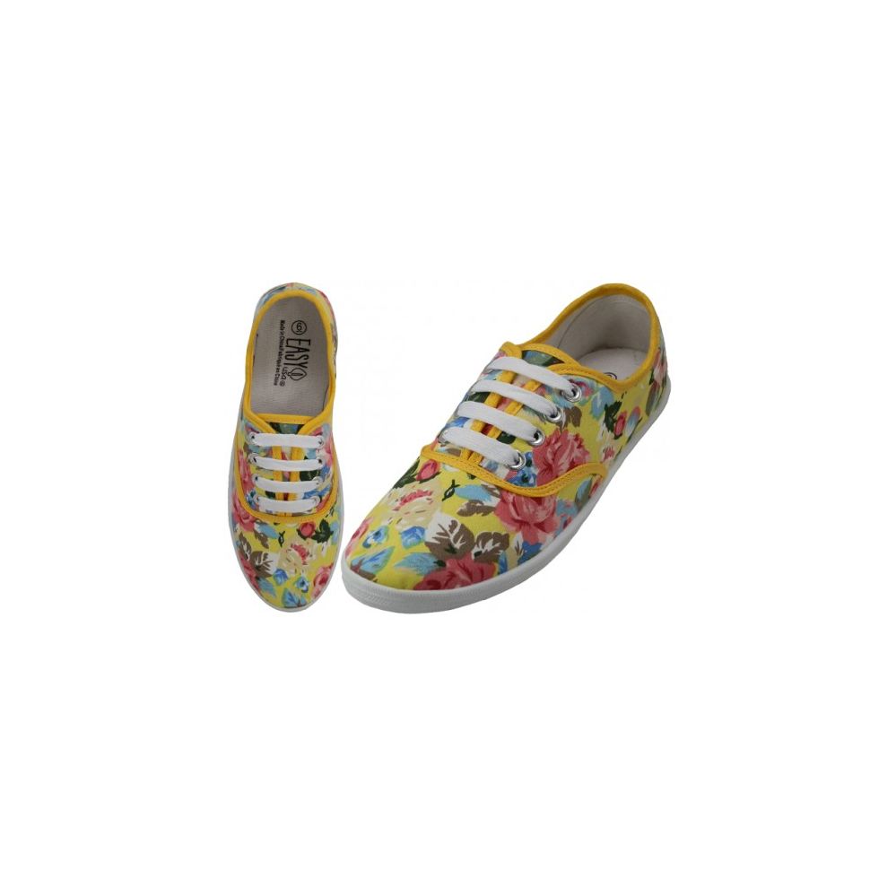 Wholesale Footwear Women's Canvas Lace Up Shoes In Yellow Floral Print Sizes 6-11