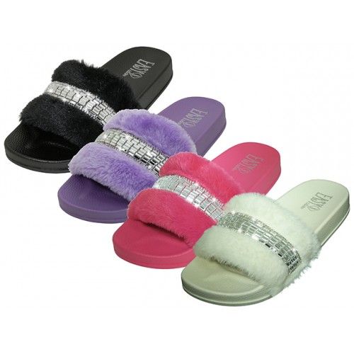 Wholesale Footwear Women's Fuzzy Faux Fur Upper With Rhinestone Top Slide Sandals Sizes 6-11