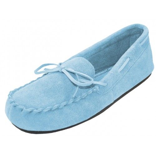 Wholesale Footwear Women's Insulated Leather Upper Moccasin House Slippers In Light Blue Sizes 6-11