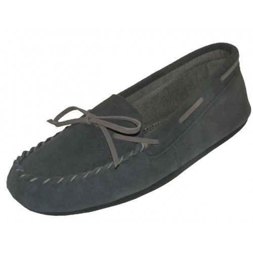 Wholesale Footwear Women's Insulated Leather Upper Moccasin House Slippers In Gray Sizes 6-11