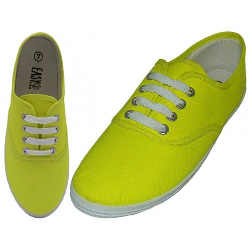 Wholesale Footwear Women's Lace Up Casual Canvas Shoes In Neon Yellow Sizes 6-11