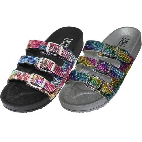 Wholesale Footwear Women's Rainbow Rhinestone 3 Strap With Buckle Upper Sandals Sizes 6-11