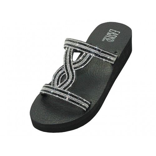 Wholesale Footwear Women's Rhinestone Upper Wedge Comfortable Eva Sandals In Black/silver Sizes 5-10
