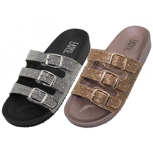 Wholesale Footwear Women's Rhinestone With 3 Strap Buckle Upper Sandals Size 6-11