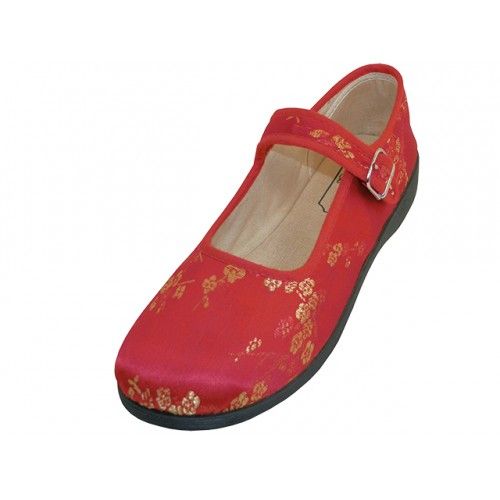 Wholesale Footwear Women's Satin Brocade Plum Flower Upper Mary Jane Shoes In Red Sizes 6-11