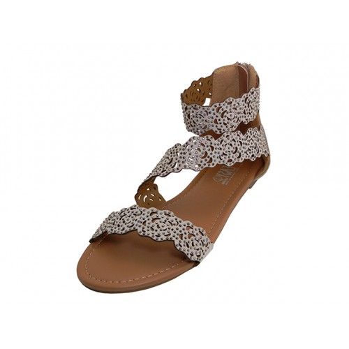 Wholesale Footwear Women's Soft Floral Design Upper With Ankle Strip Sandals In Beige Sizes 6-11