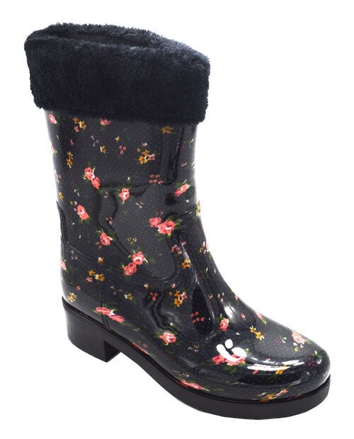 Wholesale Footwear Womens Rain Boots Flowers Designed Lightweight Color Black Size 6-10