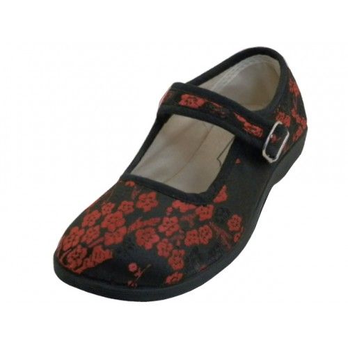 Wholesale Footwear Youth's Satin Brocade Plum Flower Upper Mary Janes Shoes In Black Sizes 1-4